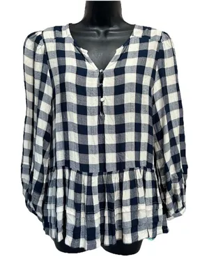 American Eagle Blue/White Plaid Buttons Tiered Long Sleeve‎ Size S Flowy Ruffles thumbnail 1