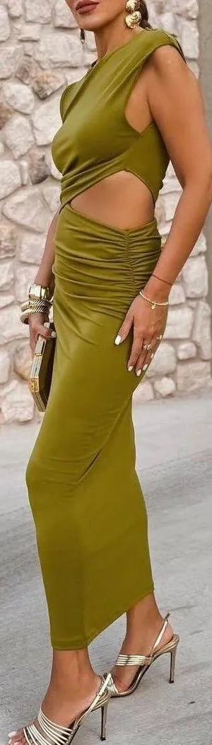 Zara midi Olive Green Cutout Dress Casual wedding evening fitted bodycon thumbnail 1