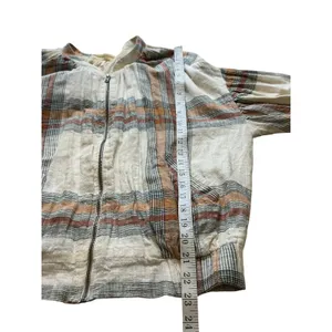 Free People Plaid Cotton Gauze Zip Up Bomber Jacket Cream Orange Brown Womens M thumbnail 12