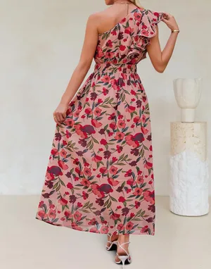 Maxi Ruffle One Shoulder Dress Pink Size M thumbnail 2