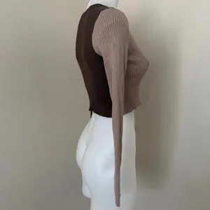 Garage Women’s Button Down Knit Crop Top in Beige & Brown, Small thumbnail 5