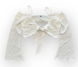 Tiger Mist White Ruffled Cold Shoulder‎ Tie Front Flare Sleeve Crop Top Size L thumbnail 1
