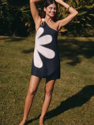 NWOT Farm Rio x Anthropologie One-Shoulder Linen Blend Flower Mini Dress Size M thumbnail 3