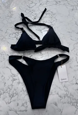 Quince Black Italian Triangle Bikini Top & High Leg Ring Bottoms Size Medium thumbnail 1