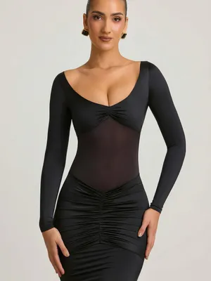 Oh Polly Alila Bow-Detail Ruched Maxi Dress in Black thumbnail 4