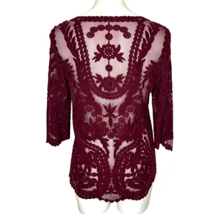 REISS Alden Lace 3/4 Sleeve Claret Burgundy Semi Sheer Blouse‎ Top Large thumbnail 4
