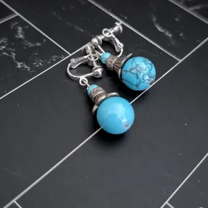 Vintage Clip On Earrings Silver Tone & Turquoise Tone Dangle Ball - Statement thumbnail 5