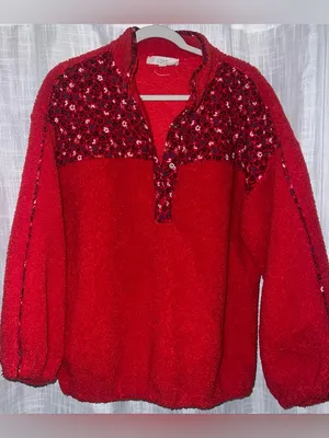 LOFT Red Mixed Media Floral Sherpa Fleece Pullover size large NWOT thumbnail 2