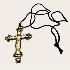 Gold Gothic Cross Pendant Necklace on Black Cord | Adjustable Statement Necklace thumbnail 4