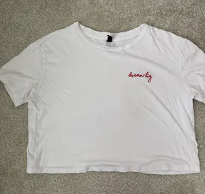 White with red lettering crop top thumbnail 1