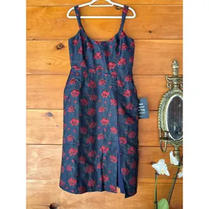 NWT Lulus Immaculate Chicness Navy Floral Brocade Midi Dress Cruise Resort Sz L thumbnail 2