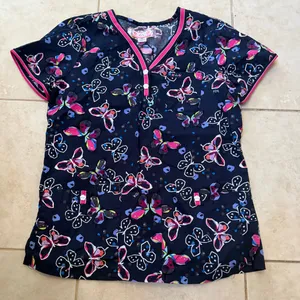 Koi Lite Iridescent Light Bright Butterfly Print Scrub Top thumbnail 2