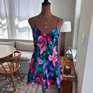 80s Vintage Cacique Lingerie Bold Floral Slip Dress Romper Sleepwear Glam Small thumbnail 3