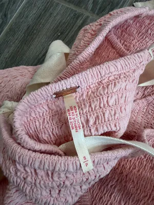 Free People Pink Smocked linen Tie-Shoulder Cropped camisole Top size small EUC thumbnail 3