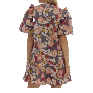 Entro Floral Mini Dress Sz M Puff Sleeve Babydoll Whimsical Boho Cottagecore thumbnail 2