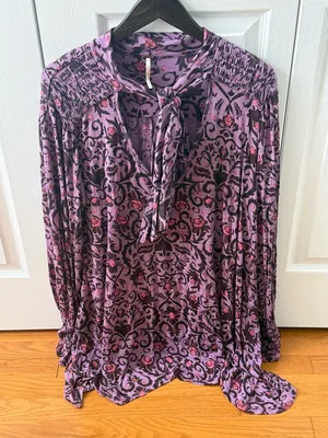 Free People Printed Bridgette Tunic Top in Purple Floral thumbnail 2