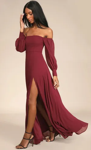 NWOT Lulu's Feel the Romance Burgundy Off-the-Shoulder Maxi Dress Women's Small thumbnail 1