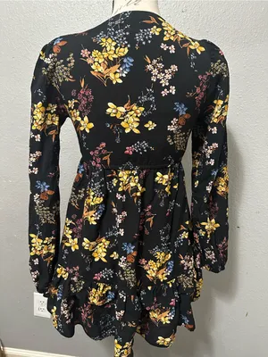 Abercrombie & Fitch black floral mini dress with yellow, blue, and pink flowers thumbnail 3