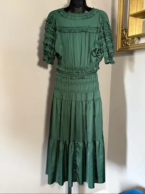 Nanette Lepore Size 8 Hunter Green Smocked V Neck Midi Dress thumbnail 3