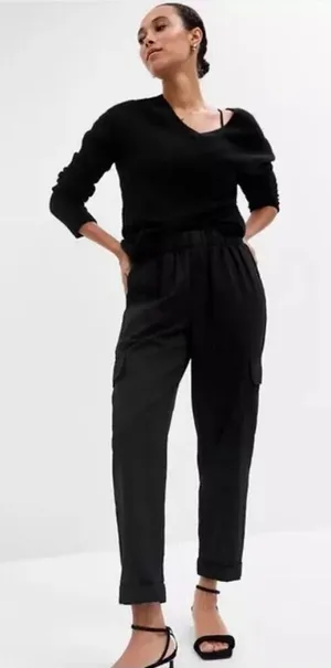Gap XL Cargo Pants Mid Rise Black Twill Pull On Boho Elastic Waist Boho Grunge‎ thumbnail 1