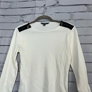 Vintage Lauren Ralph Lauren Zip Shoulder Ribbed Top White Y2K Preppy Streetwear thumbnail 6