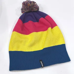 Patagonia Ski‎ Beanie Hat Pom Pom Striped Yellow Blue Pink Unisex thumbnail 2