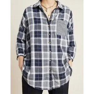 Anthropologie pilcro the letterpress blue plaid boyfriend collared flannel m/l thumbnail 3