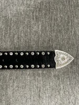 Western Leather Black Calf Hair Studded Rhinestone Embellished Statement Belt thumbnail 6
