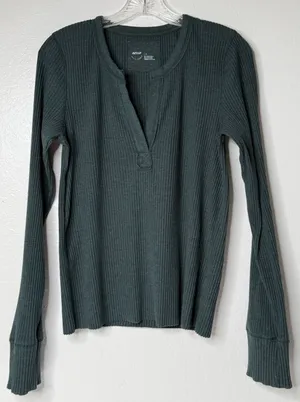 Aerie Fireside Ribbed Long Sleeve Open Henley‎ Top Size L Green Festival Casual thumbnail 1