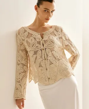 Commense Hollow Button Plisse Cardigan size large Tan thumbnail 1