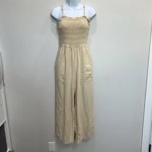 Universal Thread Women's XS Smocked Linen Maxi Jumpsuit Beige‎ Boho Lagenlook thumbnail 5