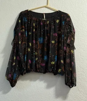 Free People Black Wildflower Floral Print Mesh Blouse Shirt Size S oversized thumbnail 1