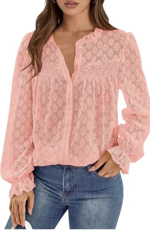 PRETTYGARDEN Women's Lace Long Sleeve Button Down Blouse (Pink, S) thumbnail 1