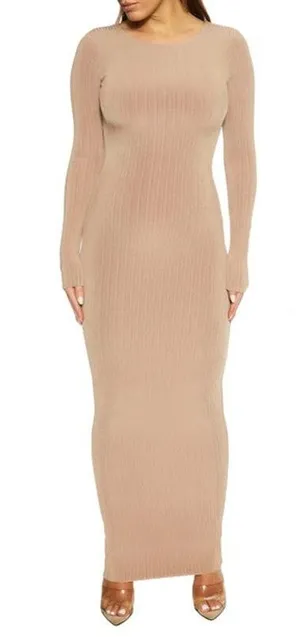 Naked Wardrobe Figure It All Out Dress Maxi Bodycon Long Sleeve Coco Tan XS thumbnail 1