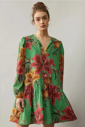 Anthropologie Farm Rio Jimena Tunic Dress Green Printed XS thumbnail 1