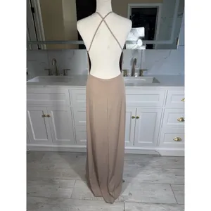 Maxi Dress Womens M Taupe Deep V-Neck Double Slit Open Back Gown thumbnail 5