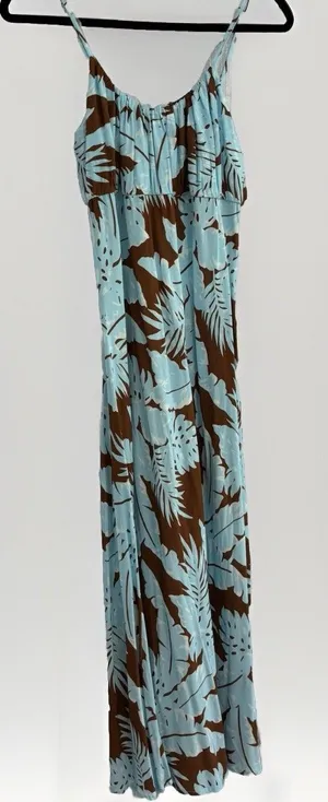 MINKPINK Dress Size Large Midi Tropical Spaghetti Strap Blue Brown thumbnail 1