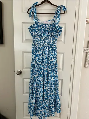 Pink Lily Blue White Floral Tie-Shoulder Maxi Dress New Sz L thumbnail 5