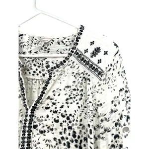 Lucky Brand M Shirt Top black white patterned long-sleeve peasant embroidered thumbnail 5