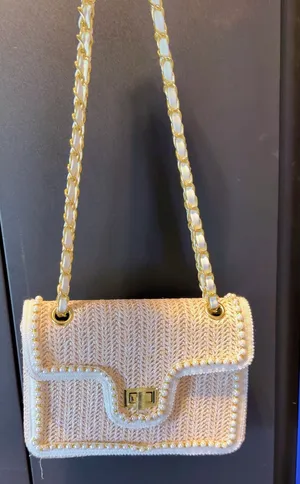 Woven Straw Crossbody Bag Cream & Gold Chain Shoulder Purse thumbnail 7