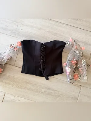 Strapless Black Puff Floral Bustier Top Size M thumbnail 5