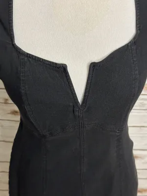 Free People black sheath dress Medium notch/split V neck bodycon minimalist LBD thumbnail 3