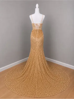 #15-14 Gold Velvet Bustier sequins embroidered appliqué long dress-Small/Size 4 thumbnail 5