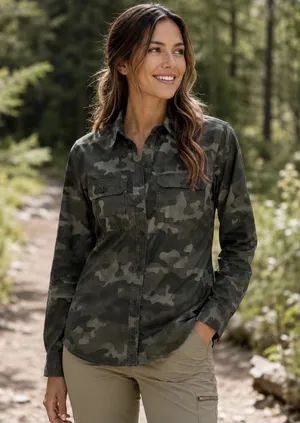 Eddie Bauer Travex Camo Long Sleeve Hiking Shirt Roll Tab Button Up Women XL thumbnail 1