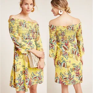 FARM Rio x Anthropologie | Bria Off Shoulder Smocked Dress Tropical Yellow | M thumbnail 2