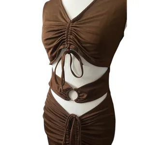 White Fox Brown Cutout Mini Dress Ruched Bodycon Sleeveless Party‎ Cocktail Sz M thumbnail 2