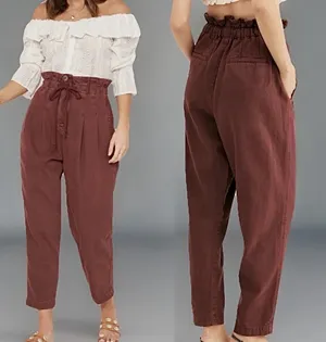 Free People NWOT Margate Pleated Paperbag Waist Burgundy Drawstring Pants, XS thumbnail 8