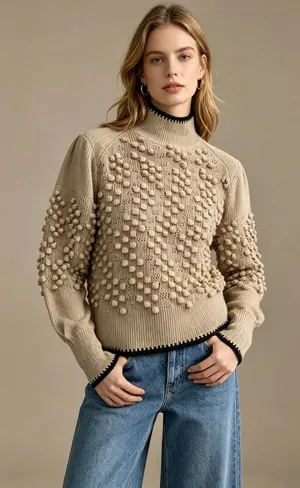 NWOT BCBGMAXAZRIA Popcorn Stitch Mock Neck Wool Blend Sweater Oatmeal Size XL thumbnail 1
