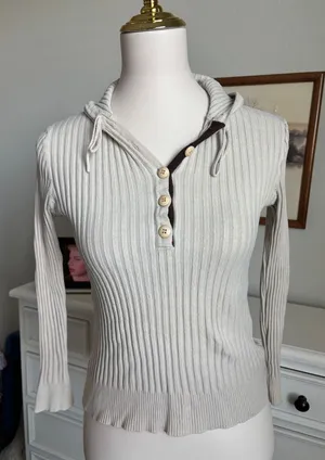 Y2K Ribbed Henley Hoodie Vintage Style Oatmeal Beige Long Sleeve Knit Top Small thumbnail 1