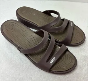 Crocs Brown Criss Cross Rubber Slide On Wedge‎ Sandals Size 9 Women's thumbnail 1